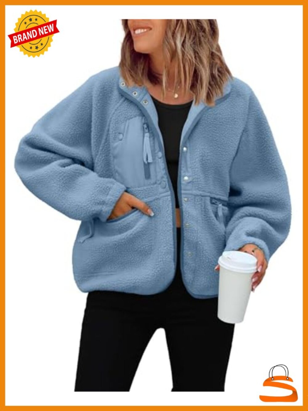 Fuzzy Fleece Cropped Button Down Jacket Oversized Zip Pockets